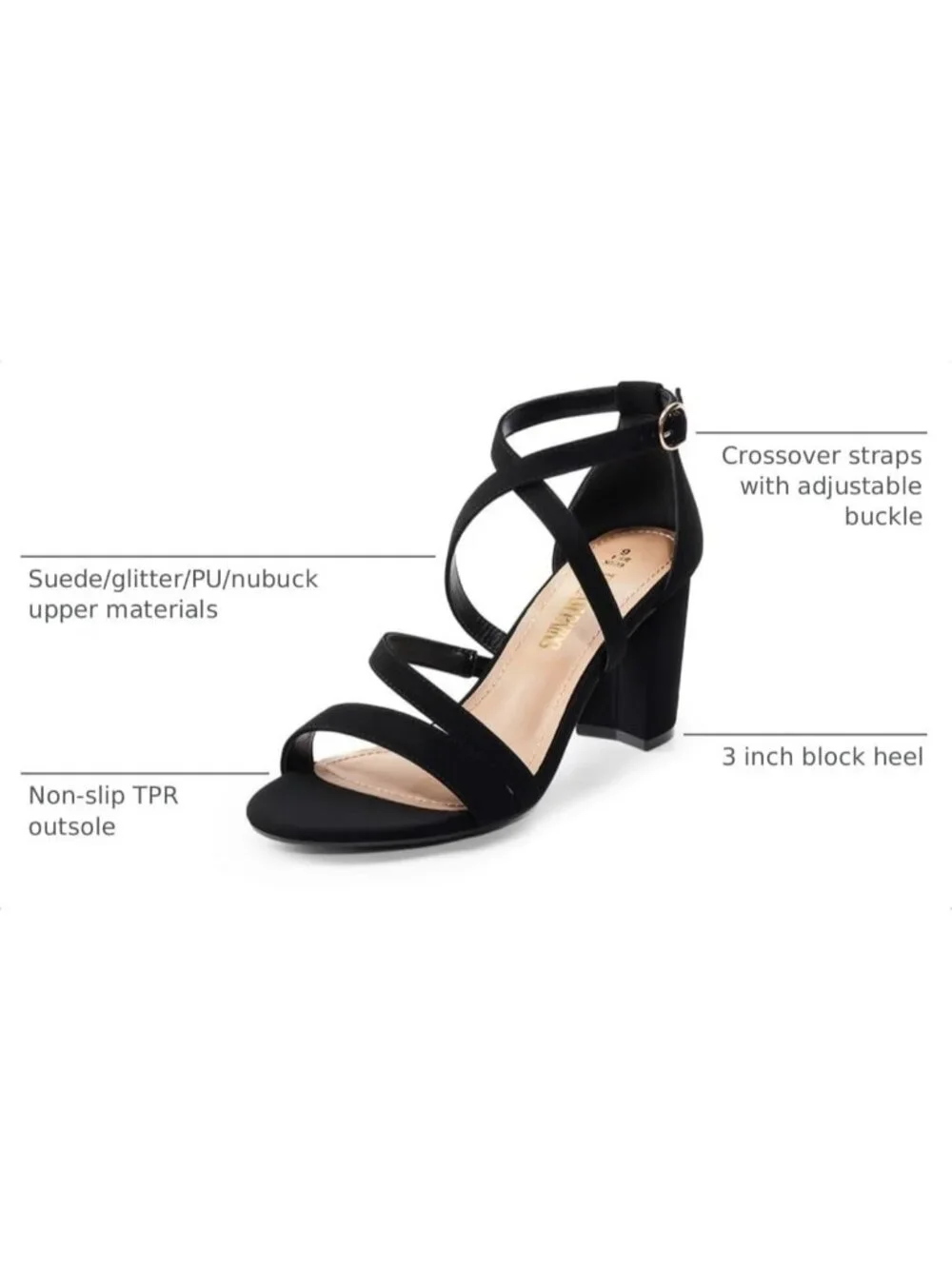Women's Black Nubuck Block Chunky Heels Sandals Open Toe Cross Strap Party Shoes